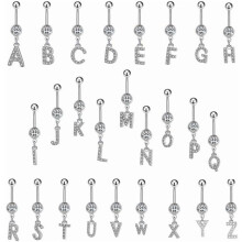 316L rozsdamentes acél betűs köldökpiercing, 1,6 mm  10 mm, 8 mm-es cirkónia medál, hipoallergén, magasfényű felülettel