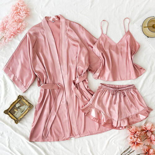 Damen-Schlafanzug-Set aus einfarbigem Polyester-Satin, 3-teilig 1