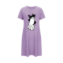 Damska koszula nocna na Halloween w dużym rozmiarze, z uroczym nadrukiem ducha, z krótkim rękawem, wygodna bielizna nocna, 3XL-5XL, fioletowa