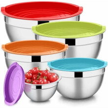 5-Piece Stainless Steel Nesting Mixing Bowls with Airtight Lids (0.7/1/1.5/3/4.6QT), Dishwasher Safe, Non-toxic, Compatible with KitchenAid Stand