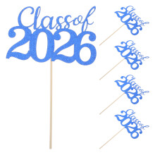 5Pcs Blue Grad Cap Cake Picks 2026 Paper Bamboo Graduation Table Décor