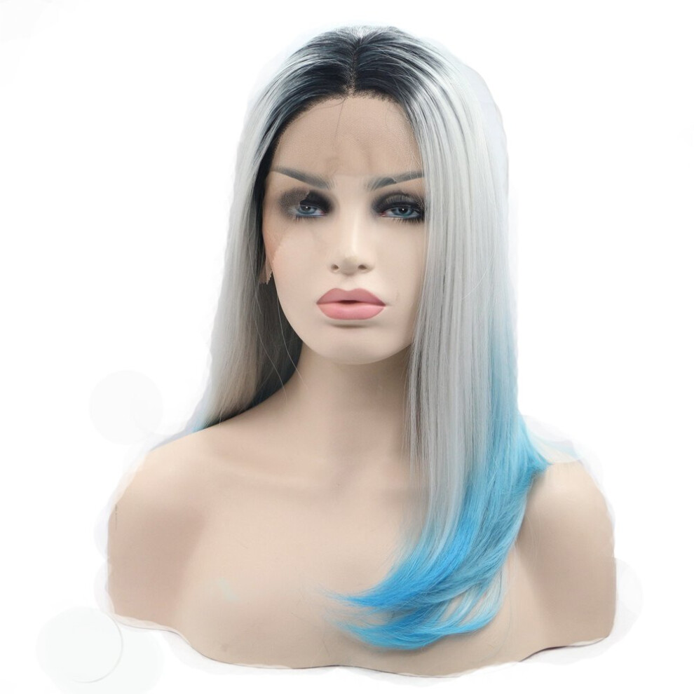 24 Inch Ombre Gray Blue Synthetic Lace Front Wig with Natural Hairline and Heat Resistant Styling