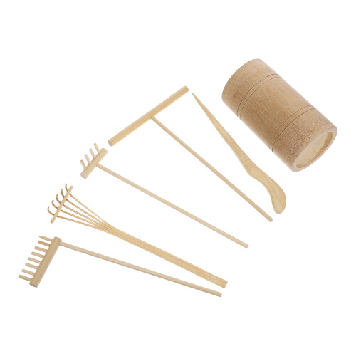 4Sets Bamboo Mini Sand Rake Set Khaki for Home and Office Decor 1