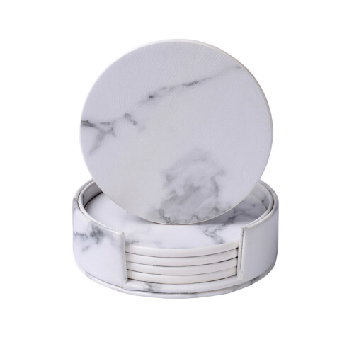 21Pc PU Coasters White Marble Cup Mats with Stand for Drinks