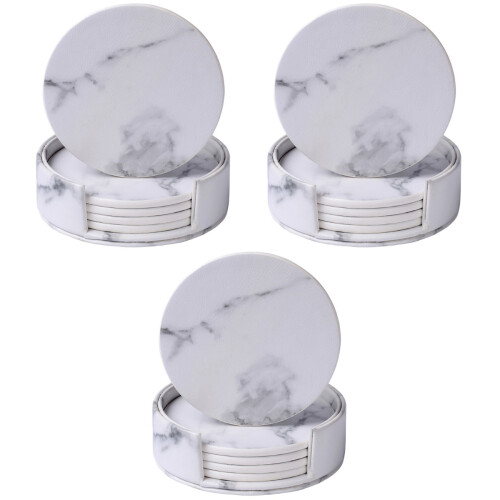 21Pc PU Coasters White Marble Cup Mats with Stand for Drinks 2