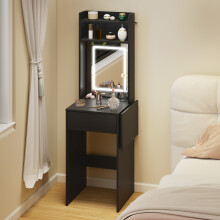 (Black) HOMCOM Compact Dressing Table with Lighted Mirror Open Shelves Drawer