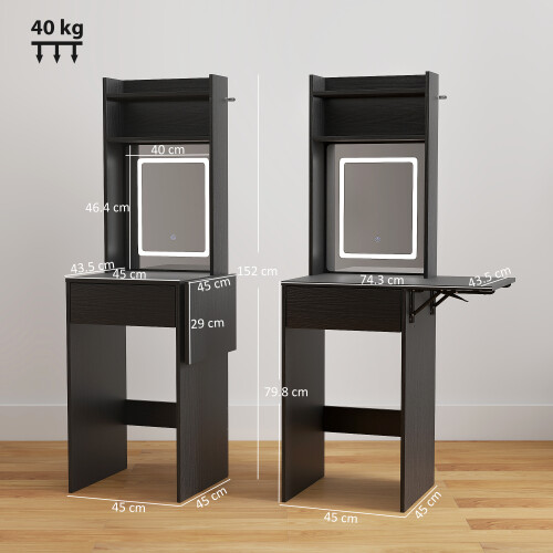 Homcom (Black) HOMCOM Compact Dressing Table with Lighted Mirror Open Shelves Drawer 2