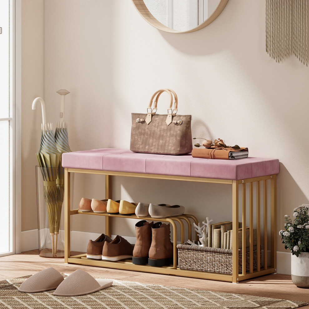 Homcom (Pink) Shoe Storage Bench With Seat Cushion Tufted Shoe Rack Bench Pink