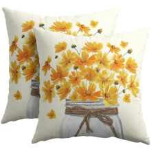 Housses de coussin à fleurs jaunes, coton-lin, 56 x 56 cm (lot de 2)