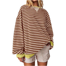 Blusa de manga larga con estampado de rayas de poliéster, linda y moderna, color café.