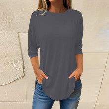 Hauts gris grande taille en polyester pour femmes, manches 3/4, couleur unie – Parfaits pour l'été et les week-ends