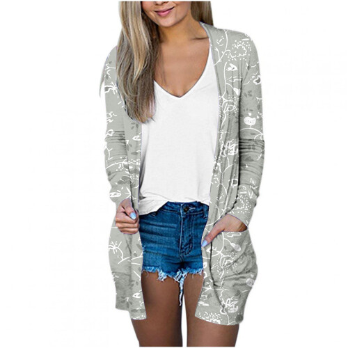 Damen-Baumwollstrickjacke, langärmelig, lässig, Grau