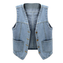 Ärmellose Jeansweste für Damen, V-Ausschnitt, Knopfleiste, Jeansjacke, Jeansmantel für Damen, Blau_002XL