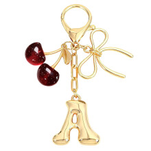 Bubble Initial Keychain with Bow and Cherry Charm, Gold Plated Personalized Letter Bag Charms for Women, Cute Purse Handbag Accessories