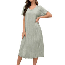 Abito da notte casual da donna, ampio, con scollo a V, maniche corte, volant e pois, lunghezza media | S-XL | Abbigliamento da casa in nylon e spandex