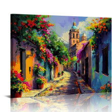 Poster de perete cu pictură colorată de sat mexican, 40x30 cm, compatibil cu sufrageria, biroul, intrarea și dormitorul