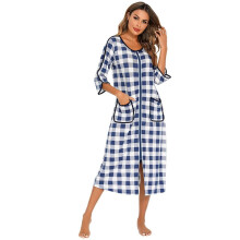 Bata de mujer con cremallera, camisón informal a cuadros, pijama de cuello redondo, camisón largo de otoño/invierno, ropa de estar por casa de