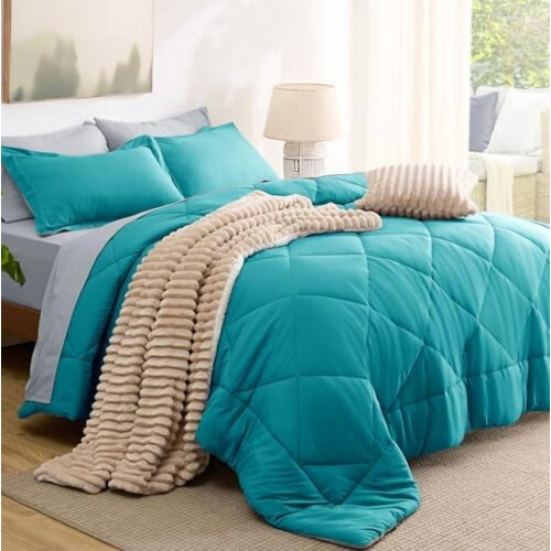 7-Pc Reversible Teal Queen Comforter Set, Down Alternative, Sheets, Pillowcases & Shams 2