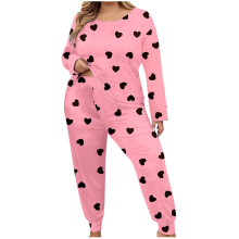 Damespyjamaset in grote maten met hartjesprint, nachtkleding met lange mouwen, comfortabele huispakset, maat XL-5XL