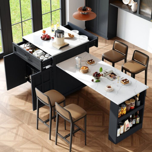 Table de bar - MUVOE - 133-202x70x93,5 cm - Extensible télescopique - 2 tiroirs - 4 compartiments
