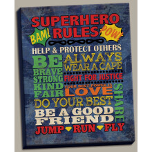 Lustiges, farbenfrohes Poster mit beliebten Superheldenregeln; ideal fürs Kinderzimmer oder Babyzimmer; handbespannte Leinwand (30 x 40 cm).