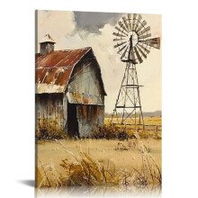 Parasztház pajta vászon falikép rusztikus szélmalom képnyomat vintage vidéki festmény hálószoba dekorációhoz keret 12x16 hüvelyk