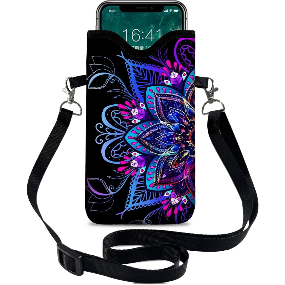 Neoprene Cell Phone Sleeve Pouch Case Bag With Crossbody Strap Neck Lanyard For Women 7.1 X 3.9 In Flower Purple 9322103834476