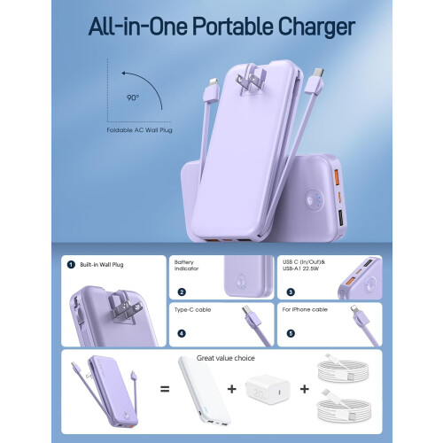 Bærbar lader 22,5 W hurtiglading 12000 mAh USB-C strøm 1