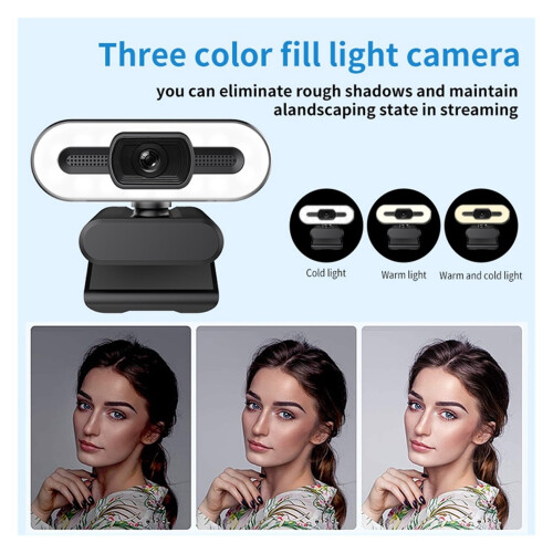Webcam Full HD 1080p 2K 4K avec mise au point automatique, éclairage d'appoint et microphone intégré. Compatible USB pour PC et diffusion en 1