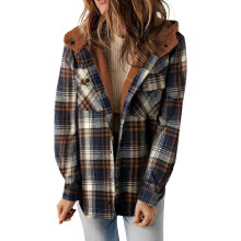 Damesjas met ruitpatroon, lange mouwen, knoopsluiting, fleece en capuchon, warme jas