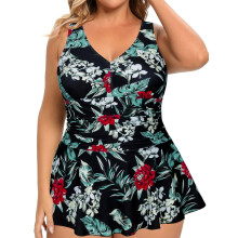 Damesbadpak met plooien, buikcorrigerend effect en bloemenrokje, plus size