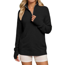 Hässliche Weihnachtspullover für Damen: Bequemer, langärmeliger Pullover mit halbem Reißverschluss, V-Ausschnitt und Rippstrickmuster.
