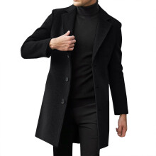 Heren trenchcoat, winterjas met reverskraag, lange casual overjas, zwart, XXXXL
