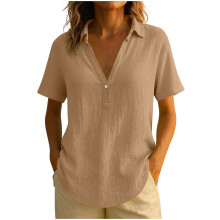 Chemisier décontracté en lin pour femme – Couleur unie, col en V, manches courtes, revers, fermeture boutonnée, confortable et agréable à