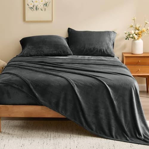 Σεντόνια Flannel Queen Size Σκούρο Γκρι - Σετ Σεντόνια Super Soft Fleece Fluffy Extra Plush, 4 Τεμάχια 1