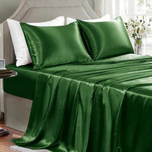 Kingsize satinlagensæt – 4 stk. luksuriøse, krølfrie, mørkegrønne satinlagner, 1 fyldigt lagenbetræk, 1 fladt lagenbetræk, 2 pudebetræk