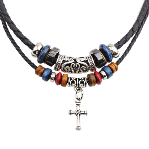 Κολιέ Boho σε vintage στυλ tribal, hippie, διπλής στρώσης, πλεγμένο με χάντρες για σταυρό,