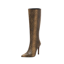 Botas de montaria femininas oversized para outono/inverno, com bico fino e acabamento em madeira, salto super alto, zíper traseiro e cano alto até
