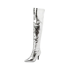 Botas de caña ancha para mujer, zapatos de otoño/invierno, tacón alto fino y puntiagudo, con cremallera lateral, botas largas por encima de la
