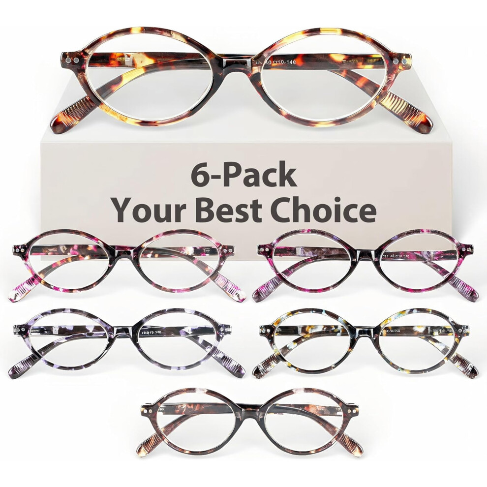 Oval Blue Light Blocking Reading Glasses for Women, Lightweight with Spring Hinge, 6-Pack (2.0x), Compatible with Computer Use