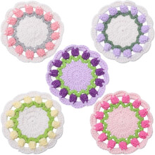 5Pcs 5 Colors Floral Cotton Coasters 4.7 Inch Round Tulip Flower Crochet Braid Coaster Anti-Slip Absorbent Drink Mats Placemats