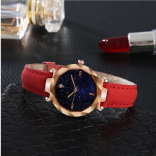 EQWLJWE Eenvoudig en stijlvol luxe horloge met sterrenwijzerplaat, bolvormig glas en leren band, dameshorloge, uitverkoop tijdens de feestdagen