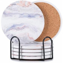 6-Piece Marble Ceramic Drink Coasters with Metal Holder
