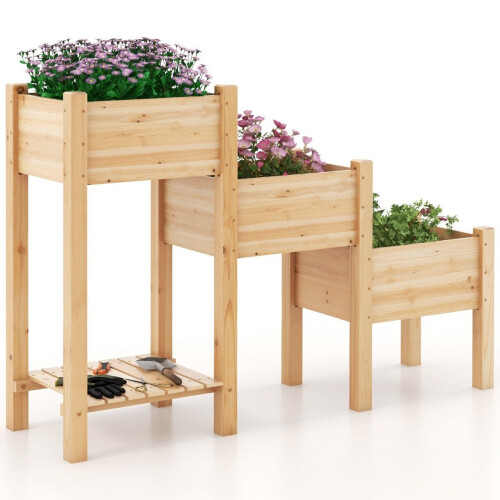 Cama elevada de madeira de 3 camadas com furos de drenagem Cama elevada de jardim natural 2