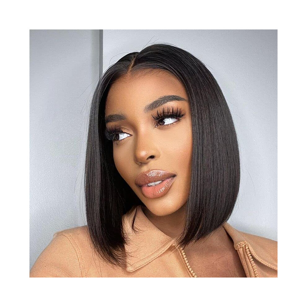 Lace Front Bob Wig Short Black Straight Synthetic 150% Density Heat Resistant Middle Part for Women