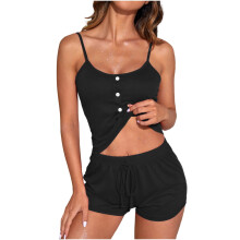Damen-Pyjama-Set mit figurformenden Cami-Shorts aus Milchseide-Stretchmaterial, bequeme Loungewear für Zuhause, Größen S-3XL, Schwarz