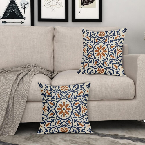 Μαξιλαροθήκες Boho σε μπλε και καμένο πορτοκαλί χρώμα, λινό 20x20 ιντσών 2