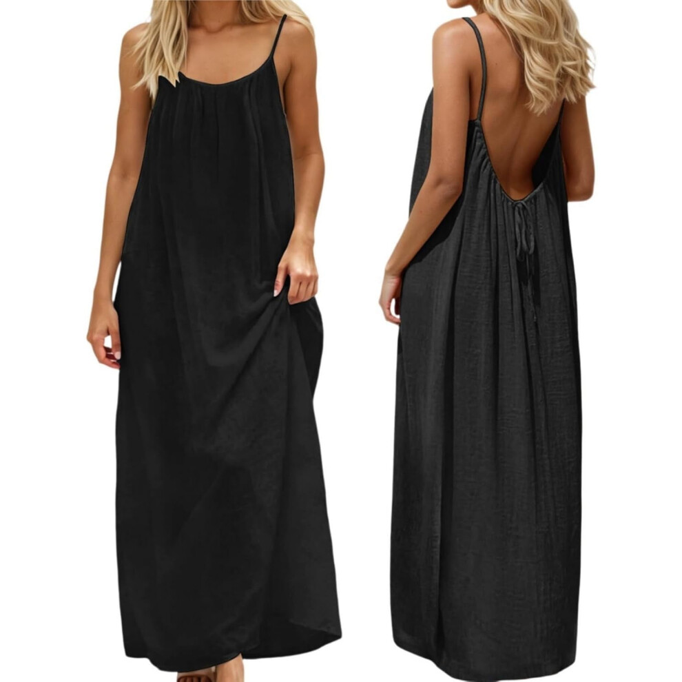 Women Backless Cami Dress, Summer Casual Sleeveless House Lounge Dresses, Spaghetti Strap Flowy Long Beach Sundress 9175034754869