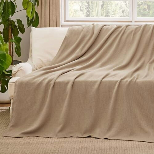 Manta GentleSoft 100% Algodão 50x70 polegadas – Leve, Respirável, Tecido em Espinha de Peixe, Marrom Claro, Compatível com Sofá e Cadeira de 2