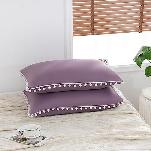 Purple Pom Pom Pillow Covers, King Size, 2 Pack 1